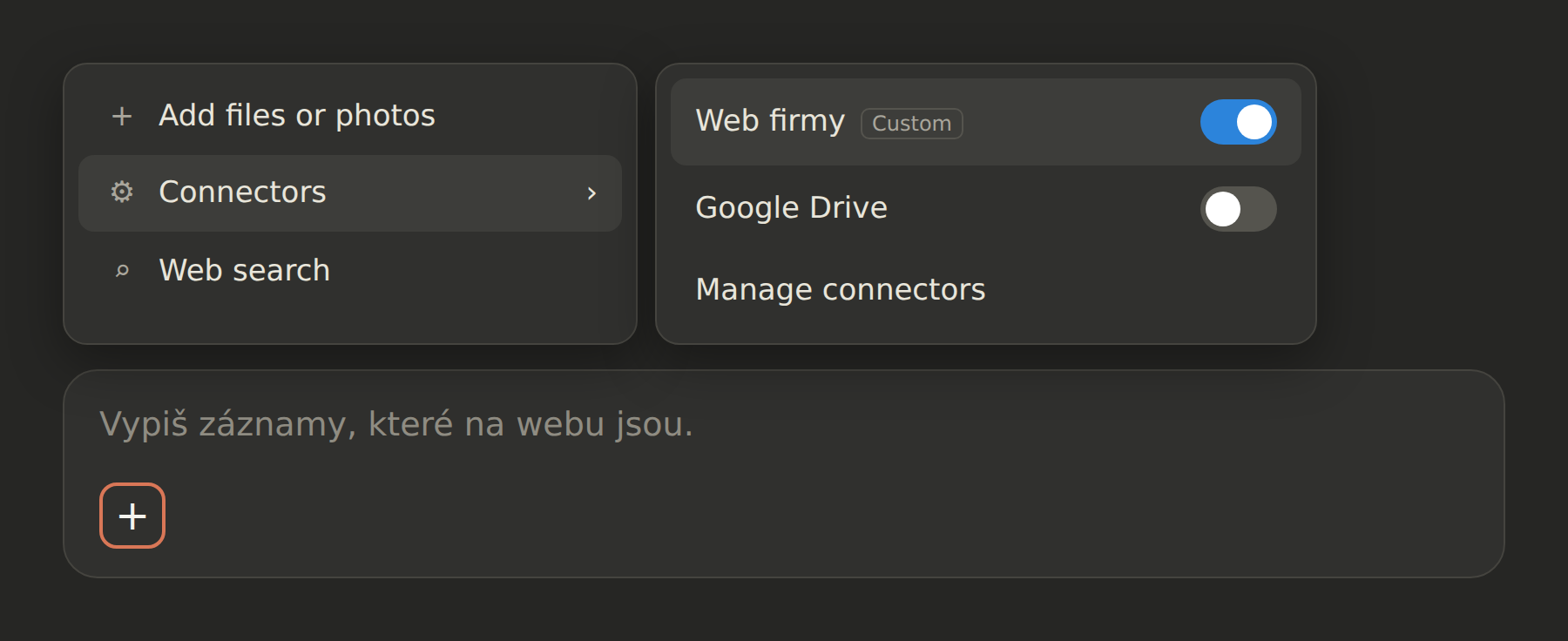 Nabídka Connectors v chatu Claude se zapnutým konektorem webu