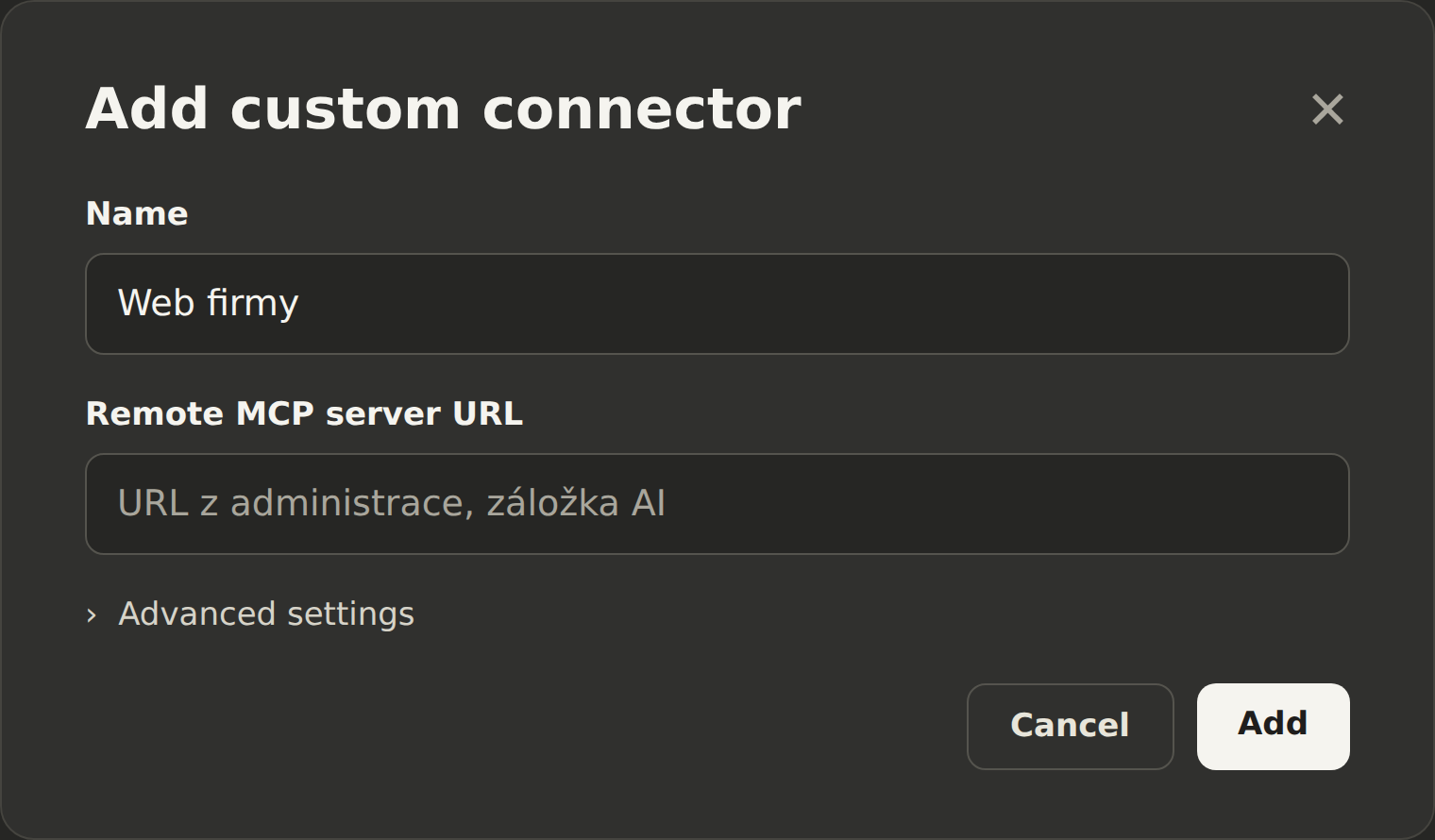 Okno Add custom connector v Claude s názvem a polem pro URL z administrace