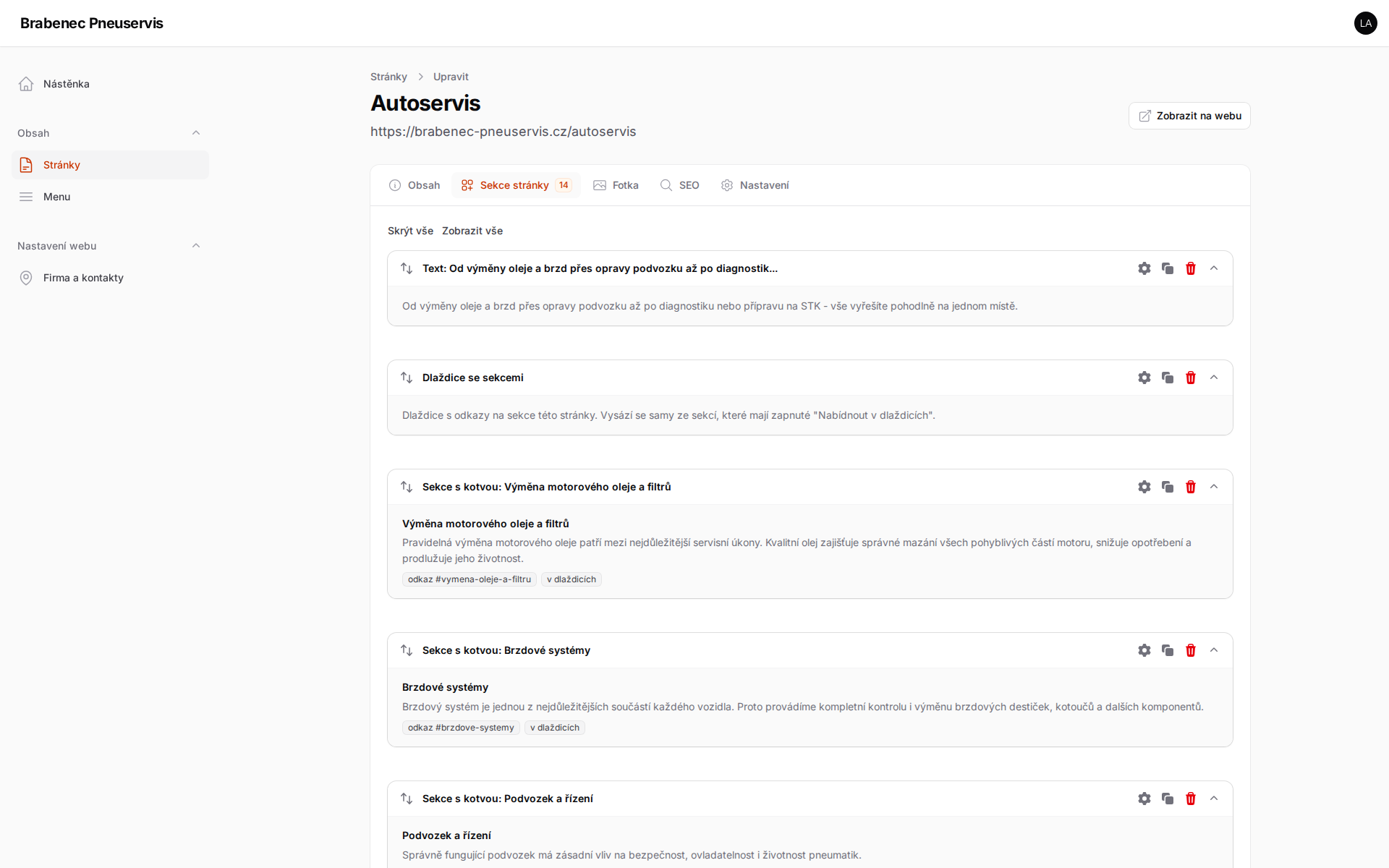 The block editor of a page in the Brabenec Pneuservis website admin