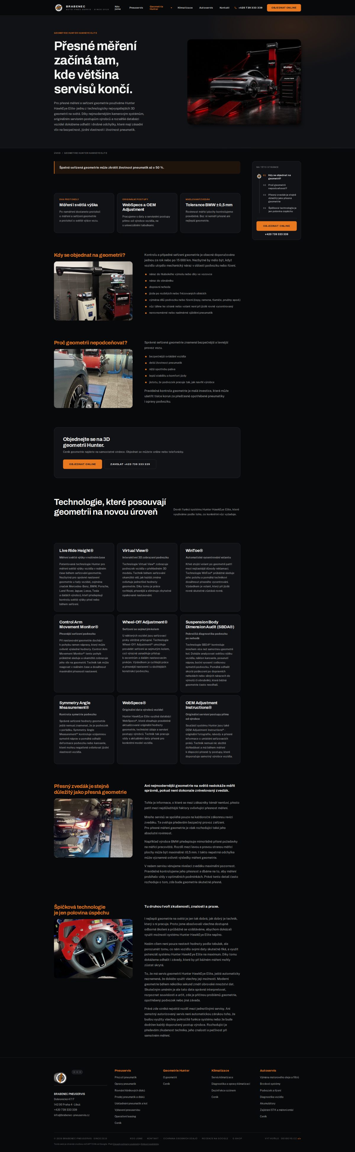 The Hunter HawkEye Elite 3D alignment page on the new Brabenec Pneuservis website