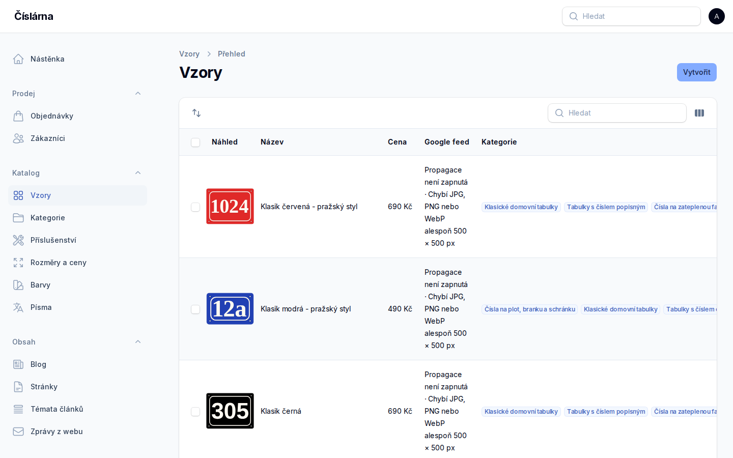 Číslárna e-shop admin, list of designs