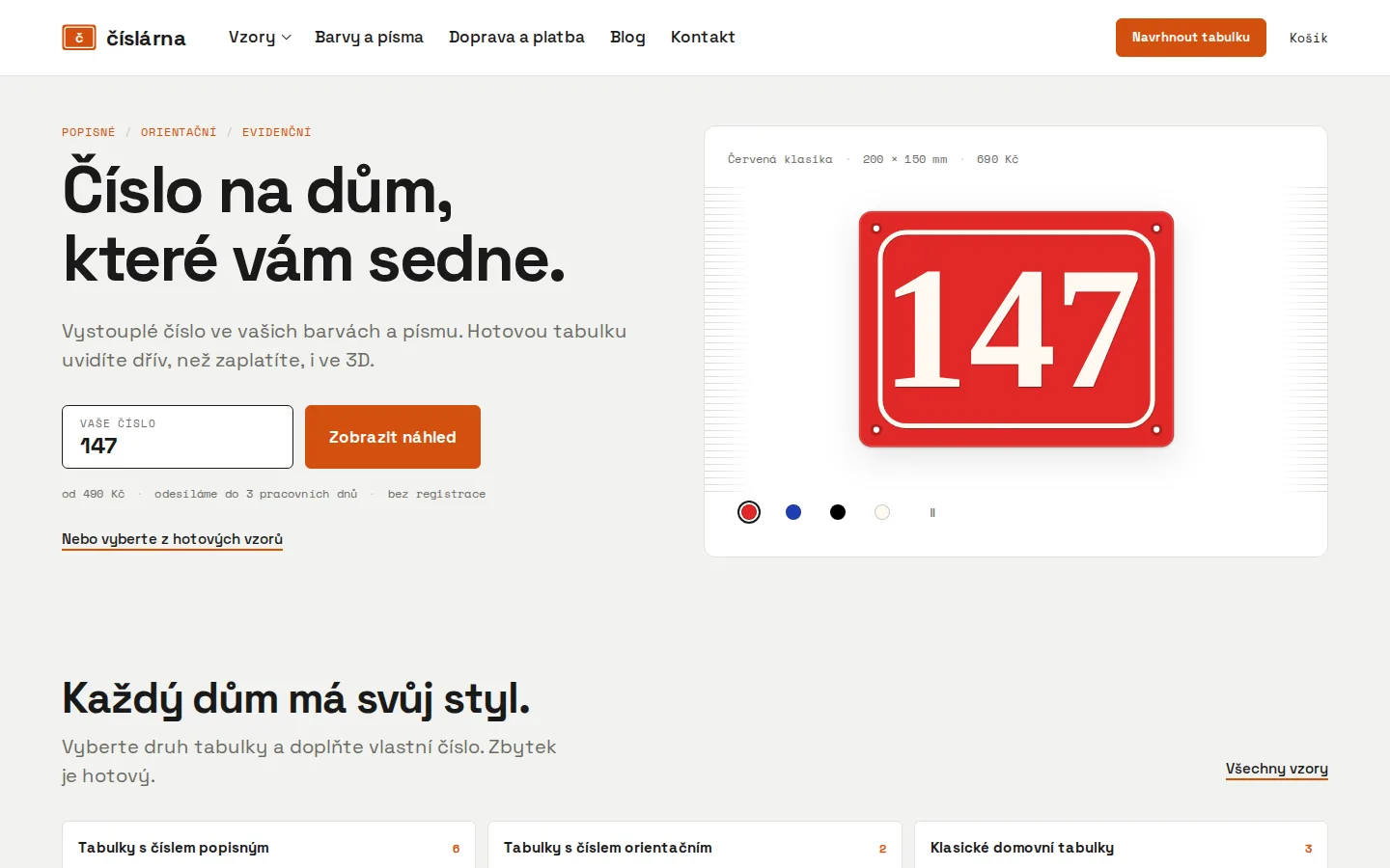 Číslárna e-shop home page with a live house number plate preview