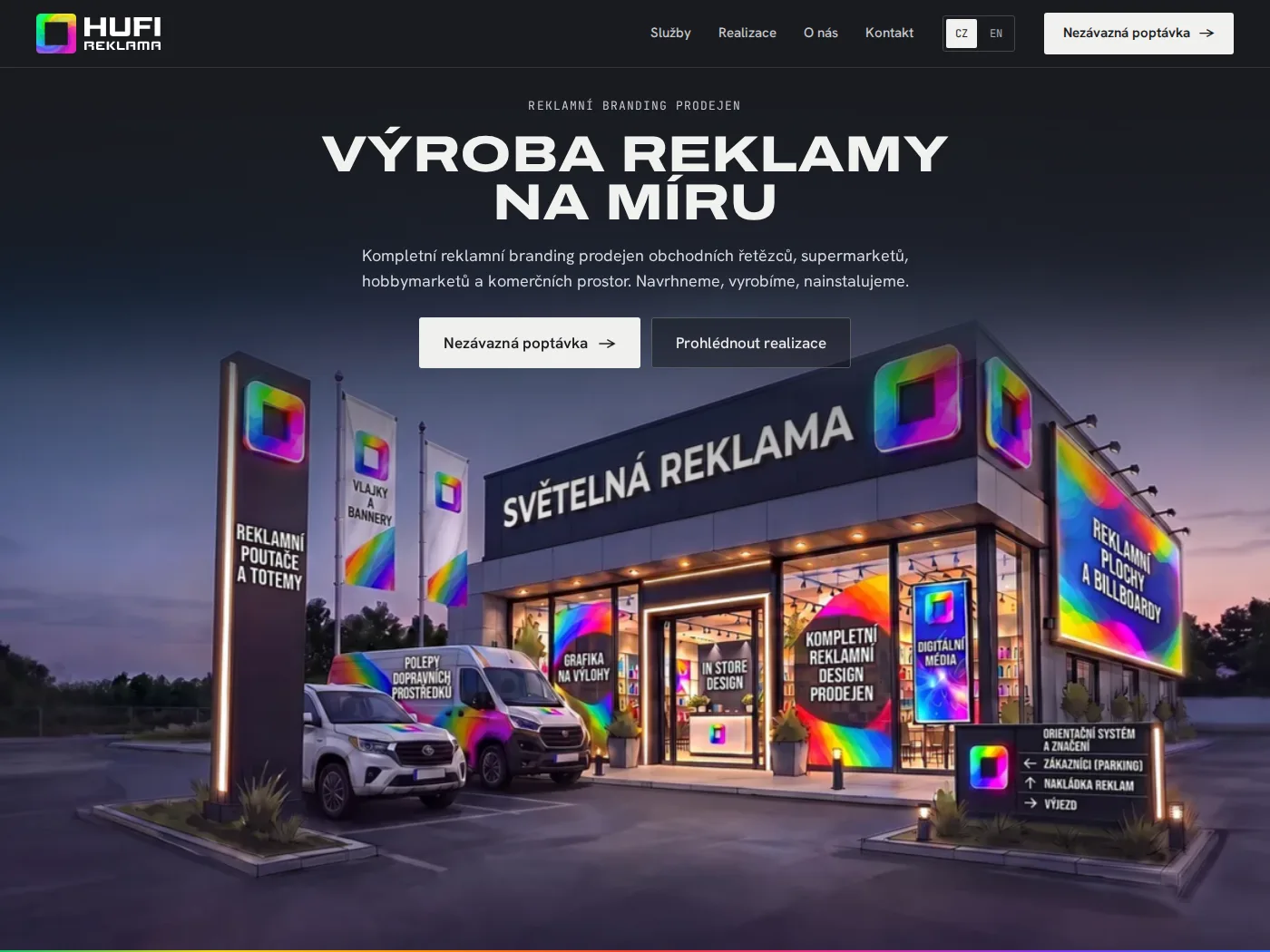 Úvodní stránka webu HUFI reklama s ilustrací prodejny plné světelné reklamy