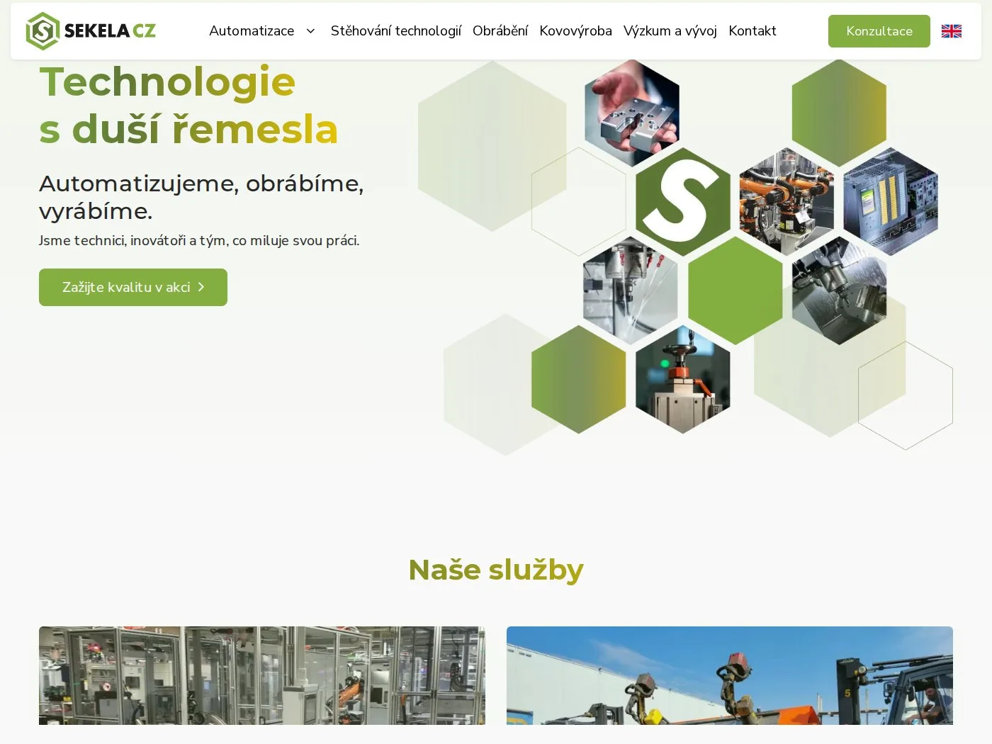 Úvodní stránka webu SEKELA CZ s nadpisem Technologie s duší řemesla