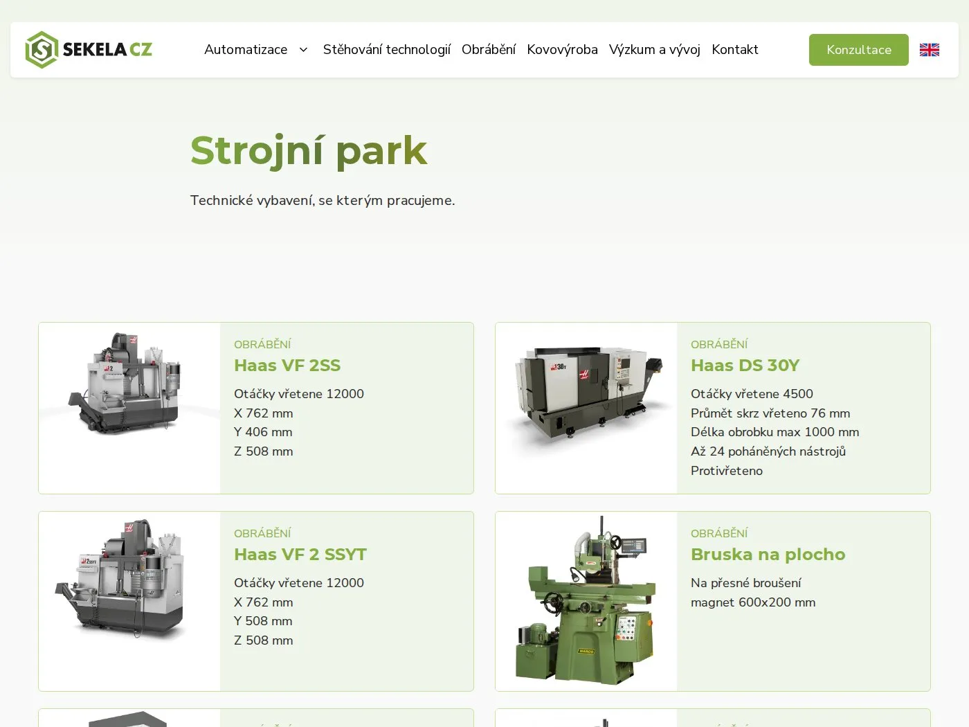 Stránka Strojní park na webu SEKELA CZ s obráběcími centry Haas