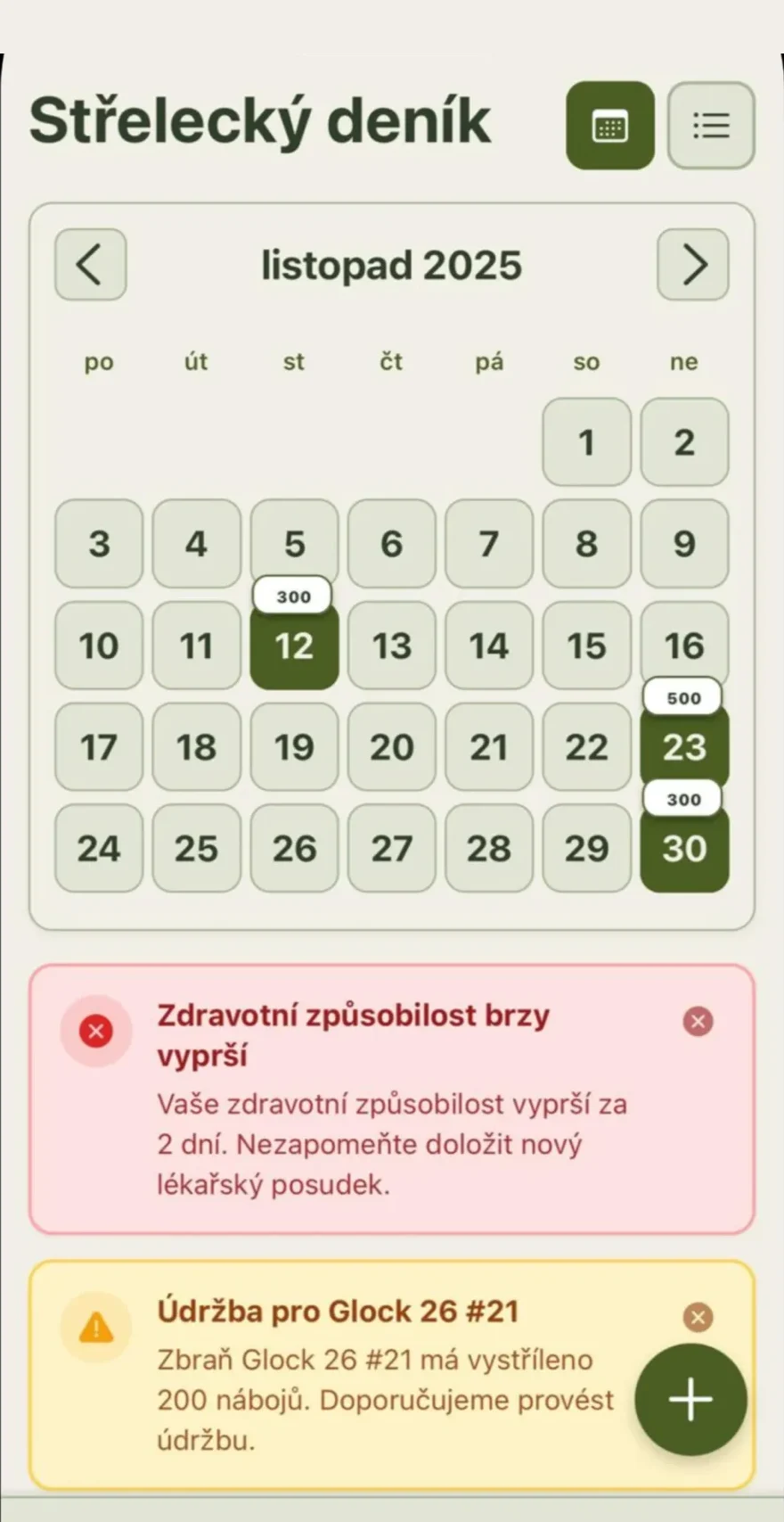 Shooting Diary app home screen with the training calendar