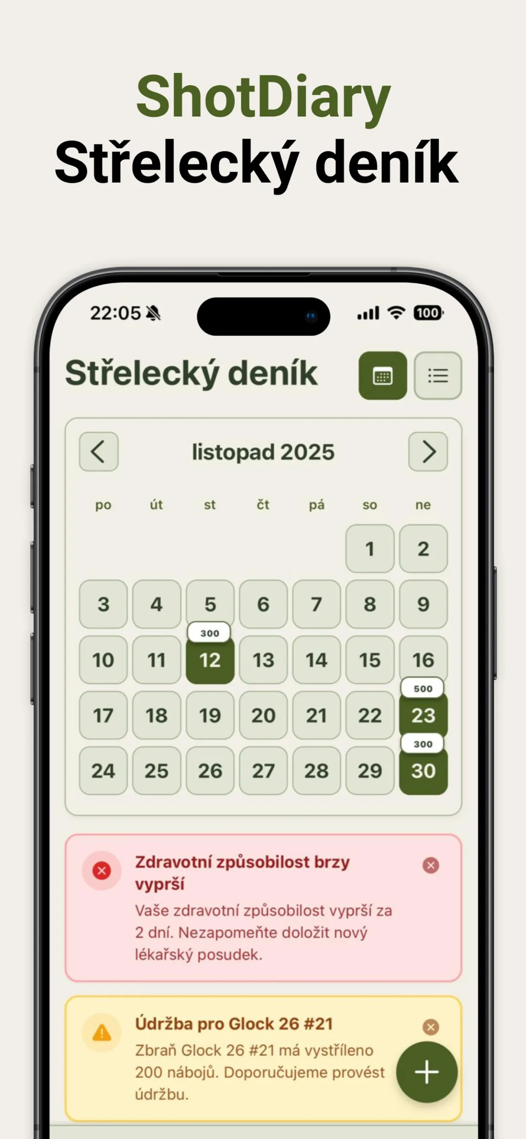 Training calendar and reminders in the Shooting Diary app
