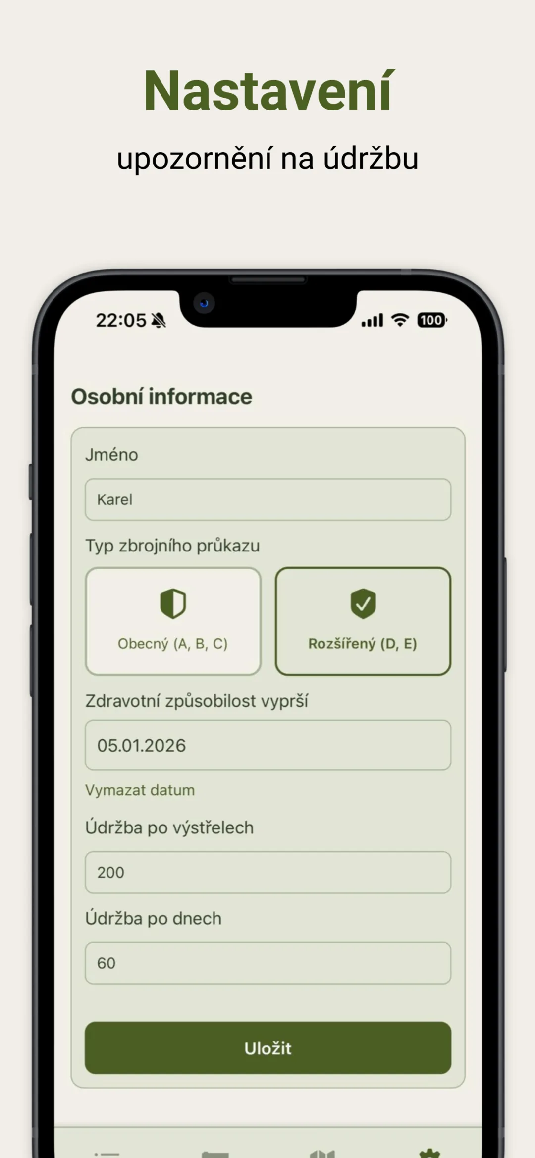 Settings, firearm licence, and maintenance tracking