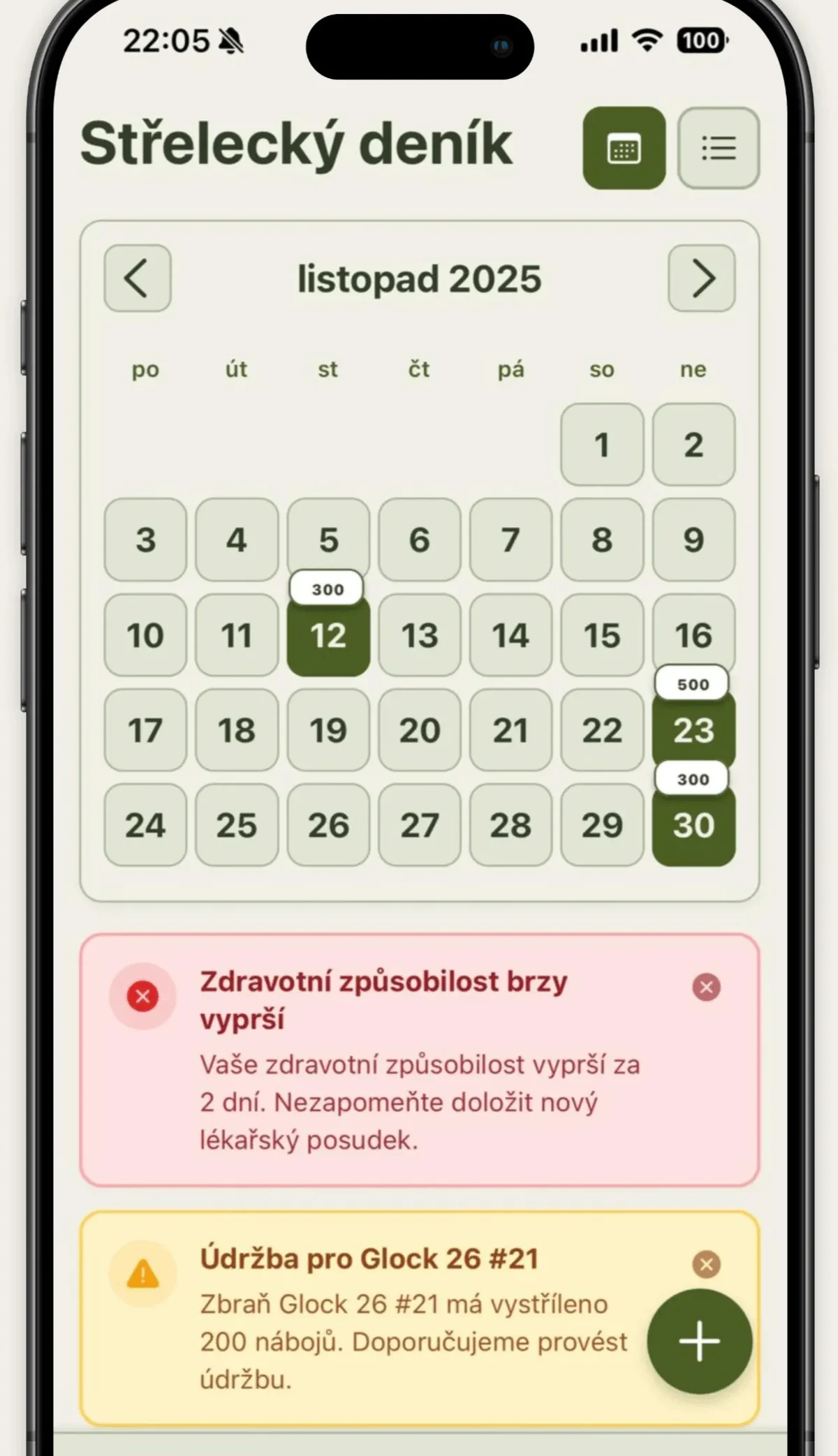 Náhled aplikace: Střelecký deník